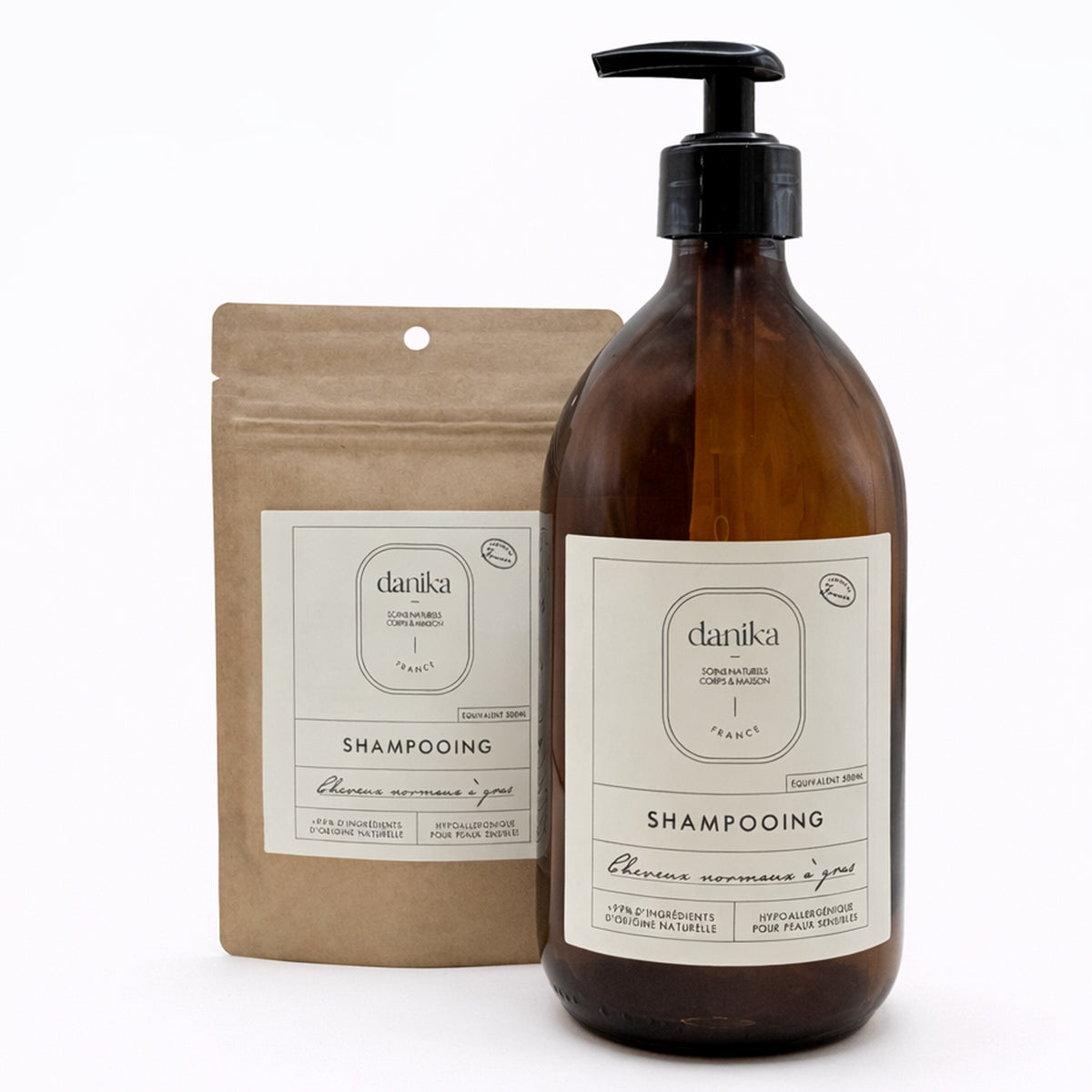 Flacon en verre et recharge kraft de shampoing Danika pour cheveux normaux et gras