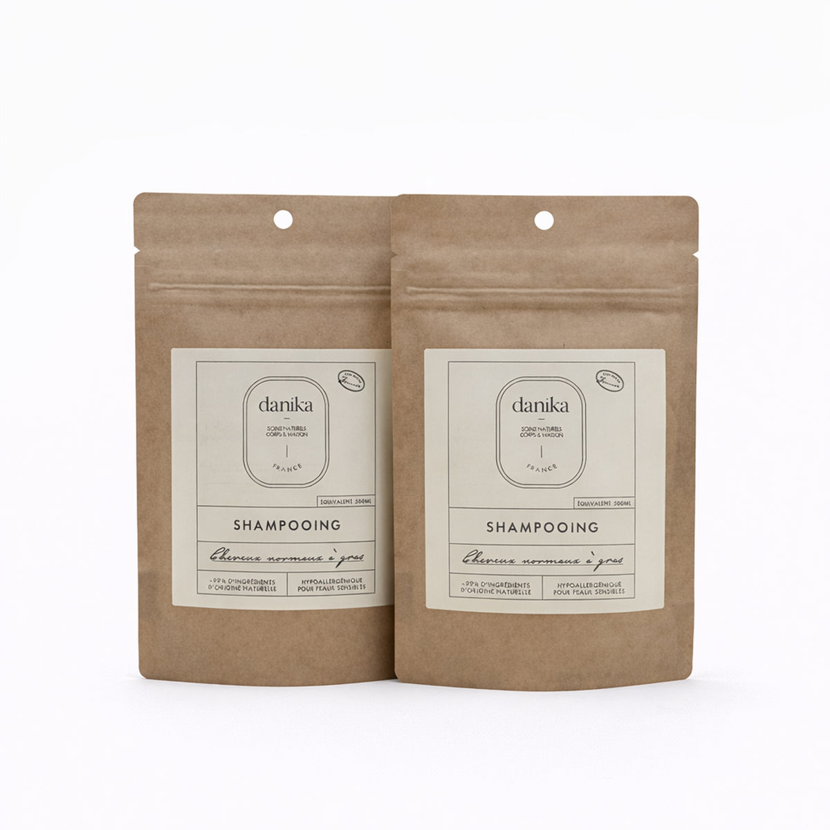 Deux recharges kraft de shampoing Danika pour cheveux normaux et gras