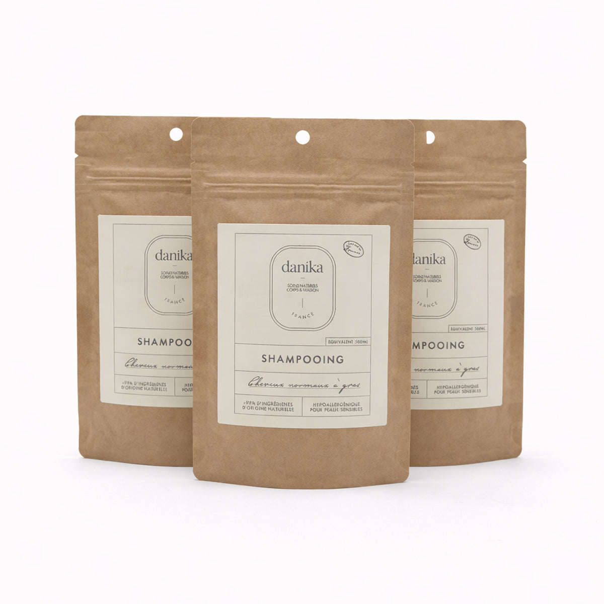 Trois recharges kraft de shampoing Danika pour cheveux normaux et gras