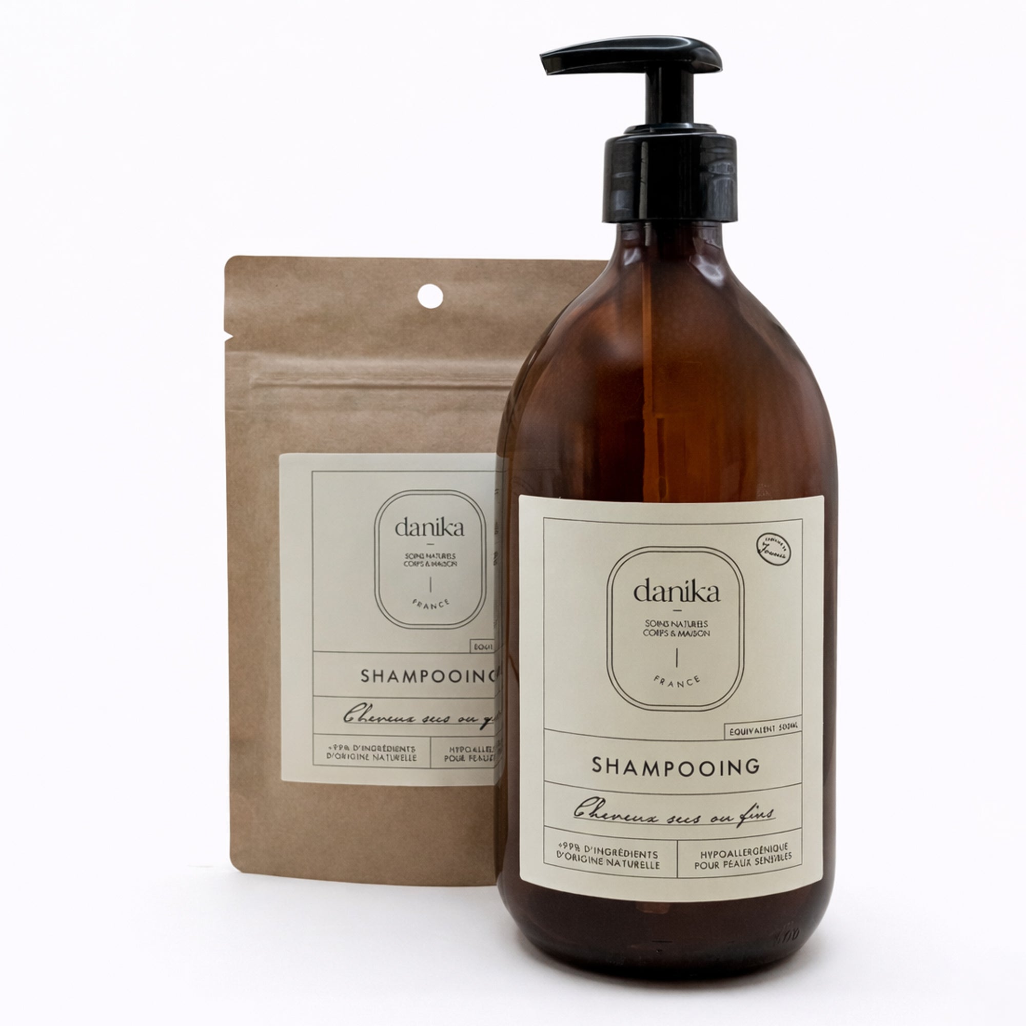 Lot d'un flacon en verre et d'une recharge de shampoing pour cheveux secs ou fins