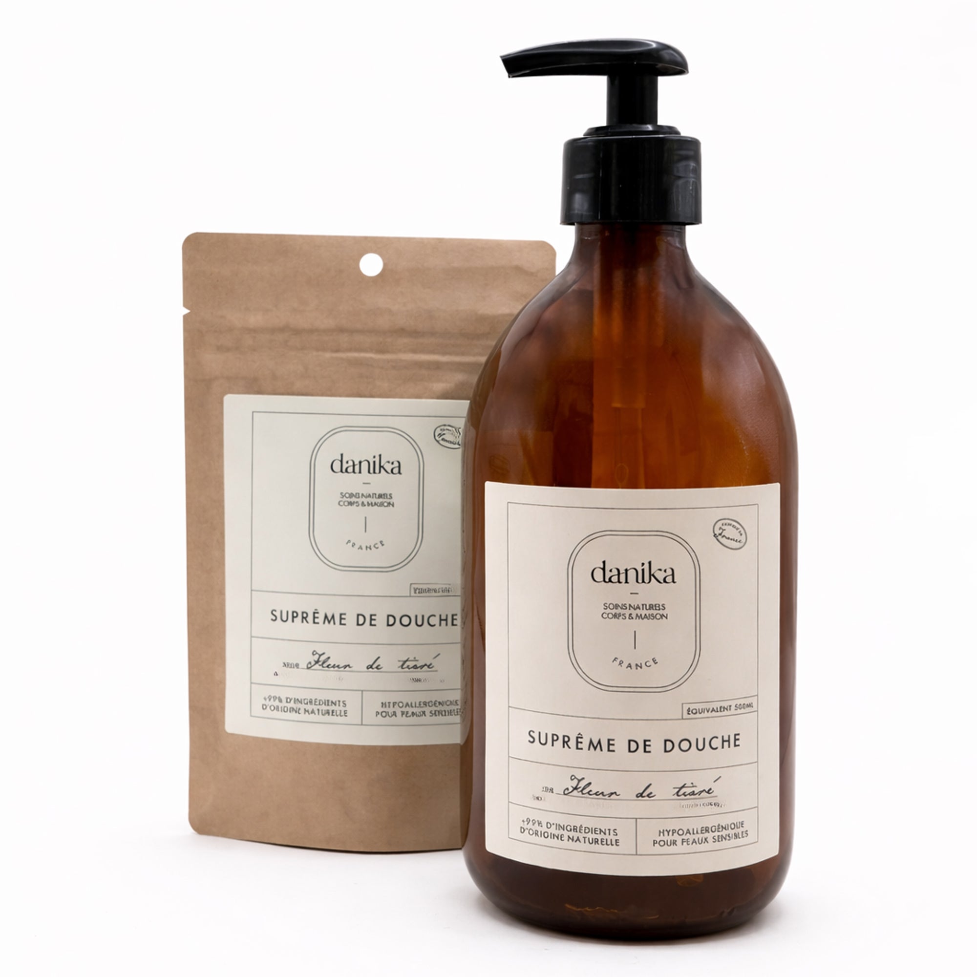 Flacon en verre et sa recharge Suprême de douche